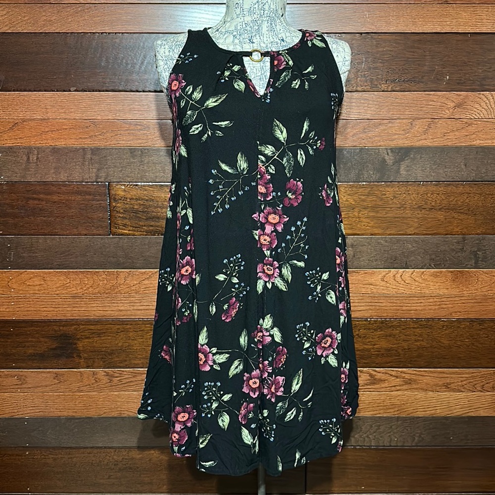 Arizona Jeans Crew Neck Black Floral Sleeveless Tunic Mini Dress/ Tunic